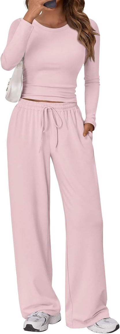 Trendy Queen Women's 2 Piece Matching Lounge Set Long Sleeve Side Ruching Top Wide Leg Drawstring Pants Set with Pockets