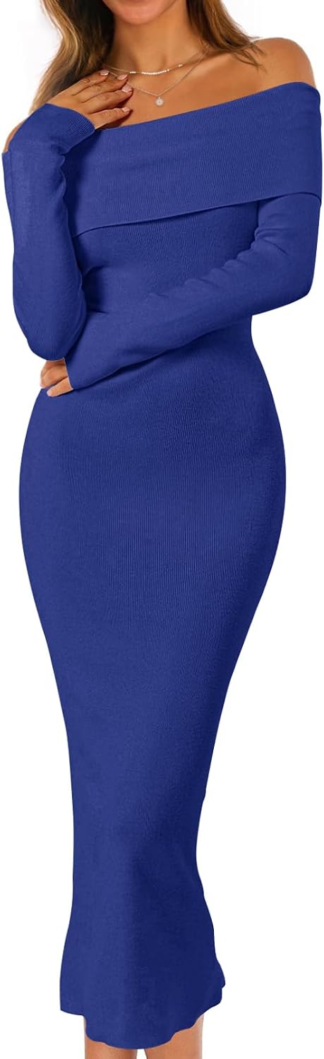 MEROKEETY Women's Fall Off Shoulder Long Sleeve Bodycon Midi Sweater Dress