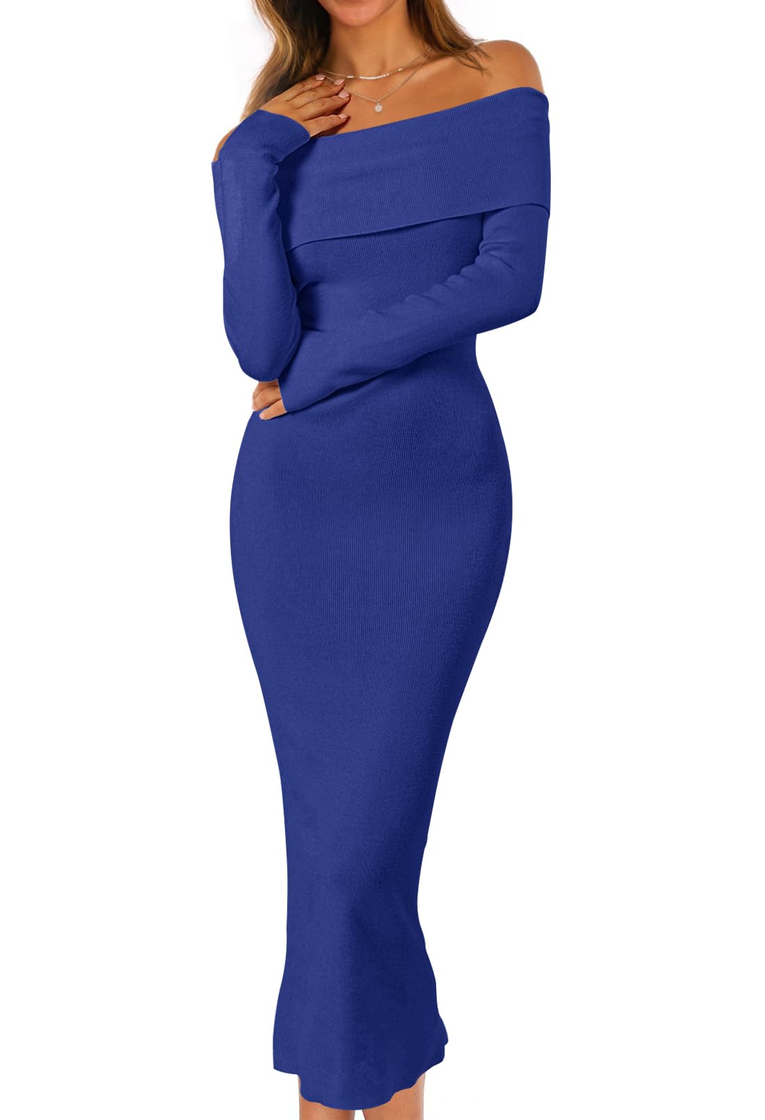 MEROKEETY Women's Fall Off Shoulder Long Sleeve Bodycon Midi Sweater Dress