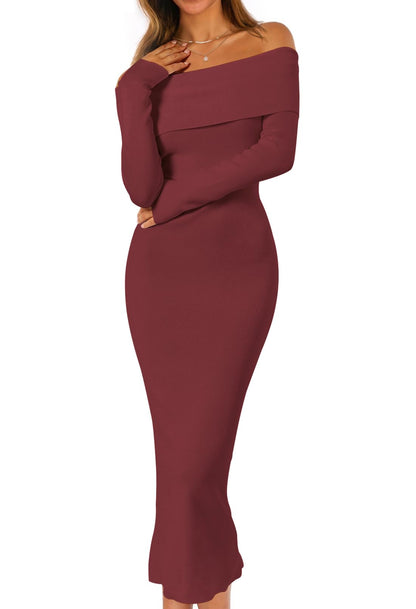 MEROKEETY Women's Fall Off Shoulder Long Sleeve Bodycon Midi Sweater Dress