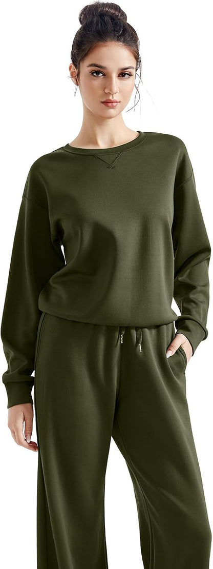 SUUKSESS Women 2 Piece Outfits Fall Oversized Sweatshirt Wide Leg Pants