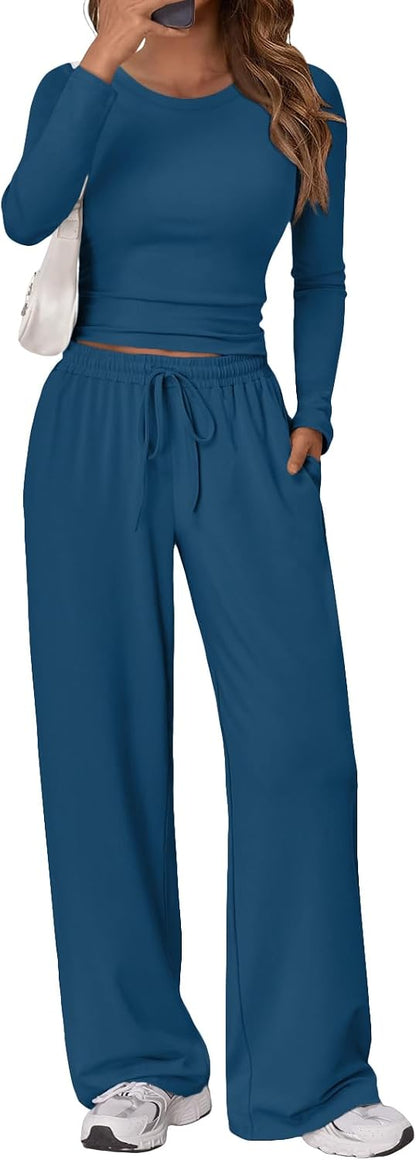 Trendy Queen Women's 2 Piece Matching Lounge Set Long Sleeve Side Ruching Top Wide Leg Drawstring Pants Set with Pockets