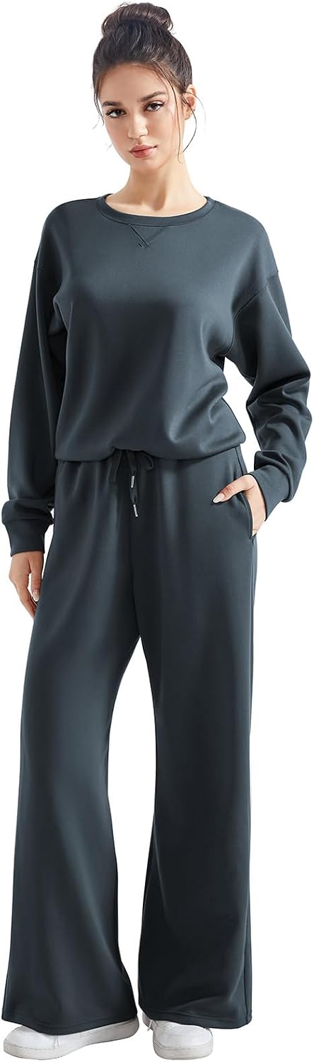 SUUKSESS Women 2 Piece Outfits Fall Oversized Sweatshirt Wide Leg Pants