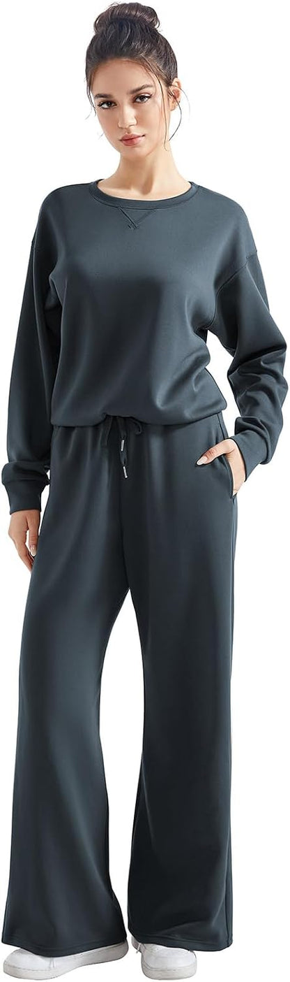 SUUKSESS Women 2 Piece Outfits Fall Oversized Sweatshirt Wide Leg Pants