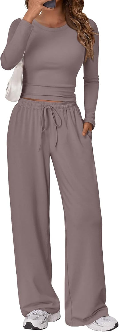 Trendy Queen Women's 2 Piece Matching Lounge Set Long Sleeve Side Ruching Top Wide Leg Drawstring Pants Set with Pockets