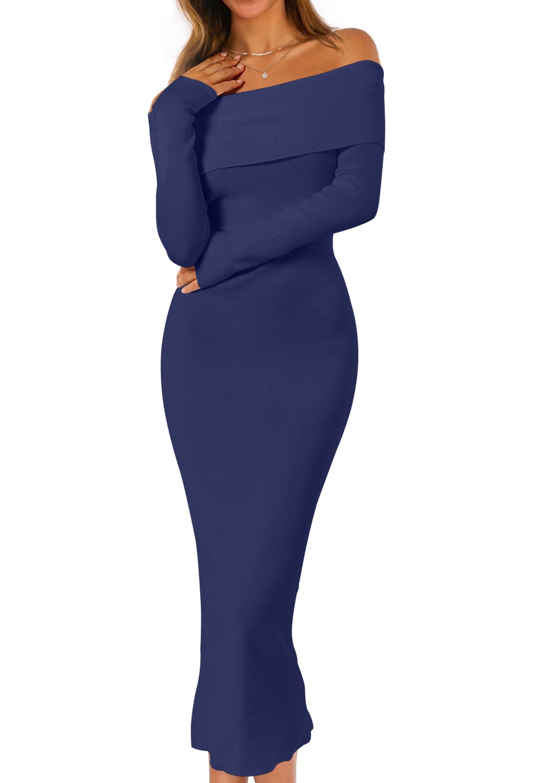 MEROKEETY Women's Fall Off Shoulder Long Sleeve Bodycon Midi Sweater Dress