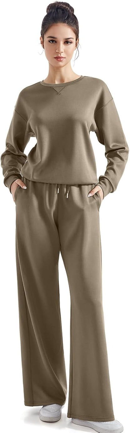 SUUKSESS Women 2 Piece Outfits Fall Oversized Sweatshirt Wide Leg Pants