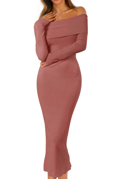 MEROKEETY Women's Fall Off Shoulder Long Sleeve Bodycon Midi Sweater Dress