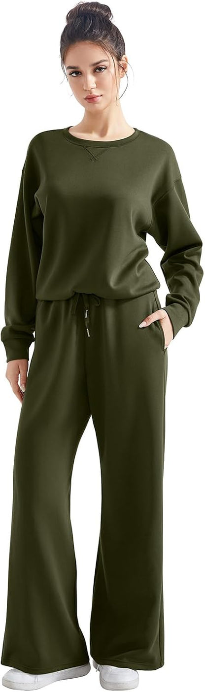 SUUKSESS Women 2 Piece Outfits Fall Oversized Sweatshirt Wide Leg Pants
