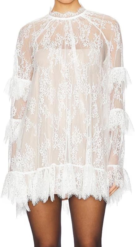 Women See Through Long Sleeve Lace Mini Dress Ruffle Layered Sheer Lace Short Dresses Sexy Going Out Cover Up Dresses