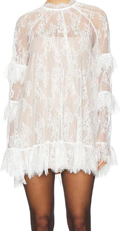 Women See Through Long Sleeve Lace Mini Dress Ruffle Layered Sheer Lace Short Dresses Sexy Going Out Cover Up Dresses