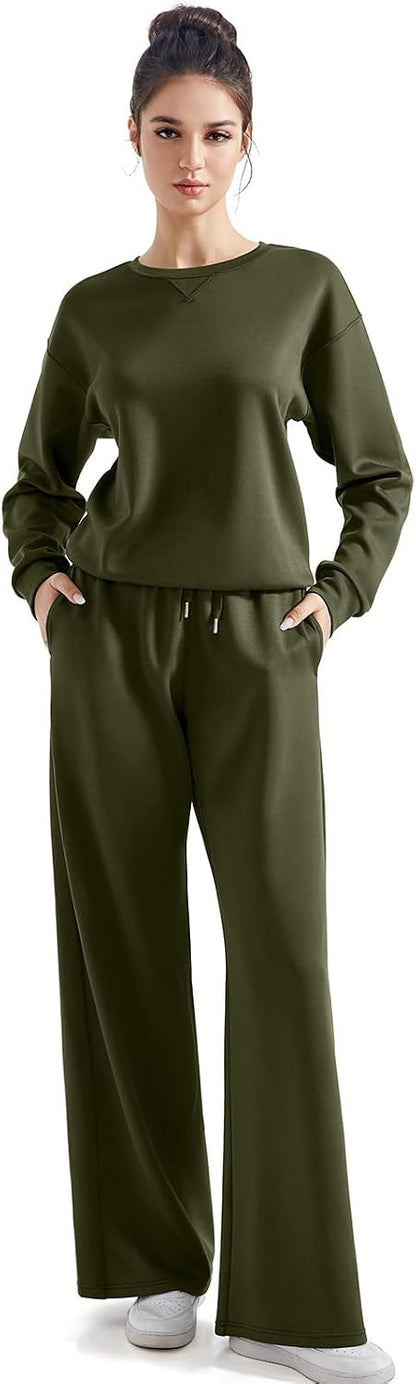 SUUKSESS Women 2 Piece Outfits Fall Oversized Sweatshirt Wide Leg Pants