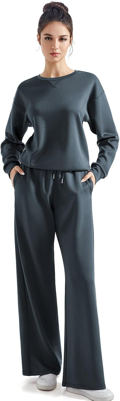 SUUKSESS Women 2 Piece Outfits Fall Oversized Sweatshirt Wide Leg Pants