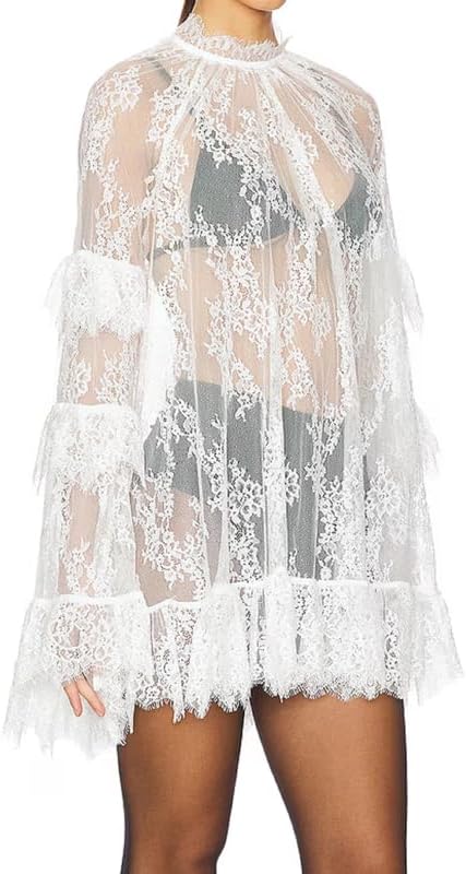 Women See Through Long Sleeve Lace Mini Dress Ruffle Layered Sheer Lace Short Dresses Sexy Going Out Cover Up Dresses