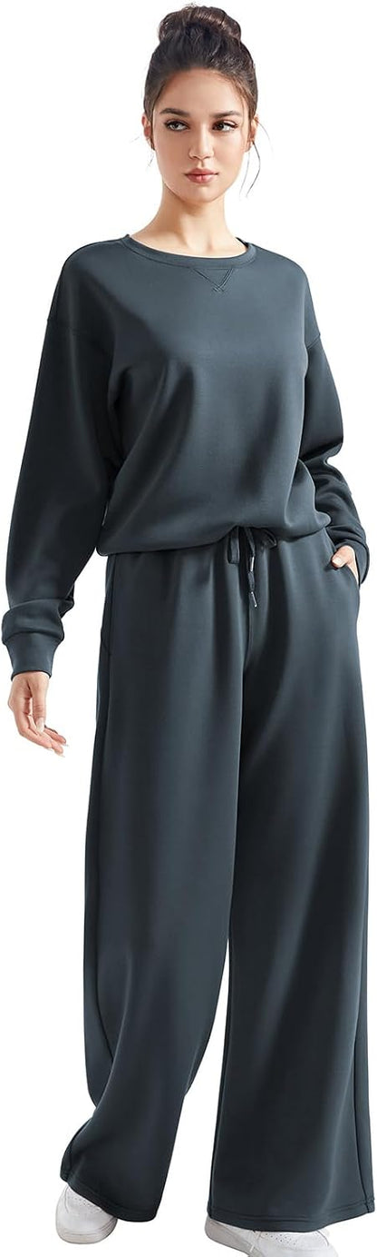 SUUKSESS Women 2 Piece Outfits Fall Oversized Sweatshirt Wide Leg Pants
