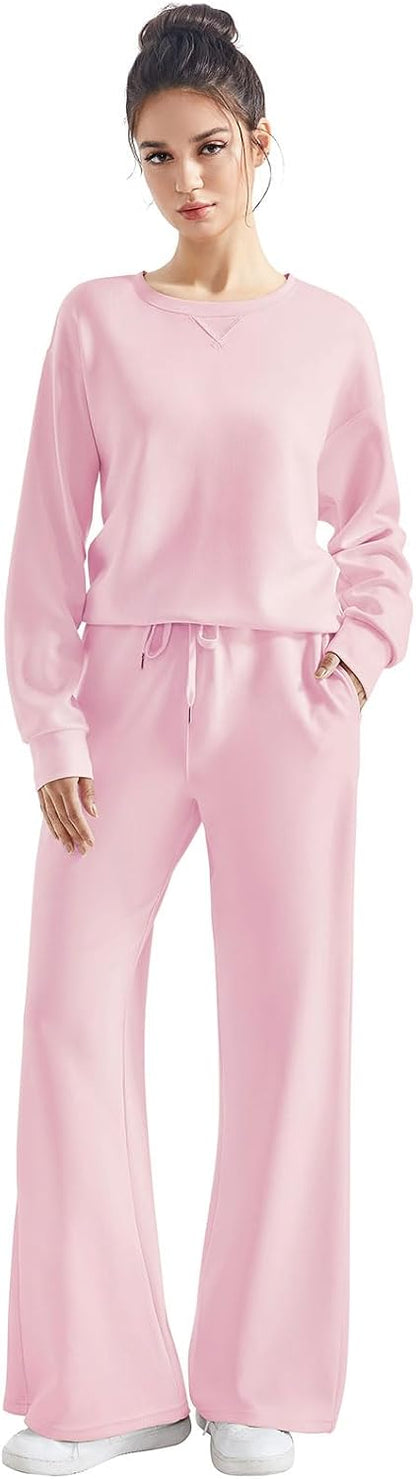 SUUKSESS Women 2 Piece Outfits Fall Oversized Sweatshirt Wide Leg Pants