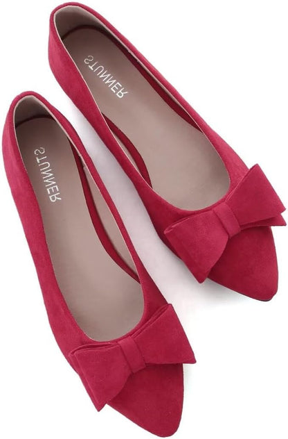 Stunner Womens Suede Bowknot Ballet Flats Pointed Toe Soft Dress Shoes