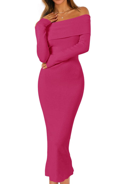 MEROKEETY Women's Fall Off Shoulder Long Sleeve Bodycon Midi Sweater Dress