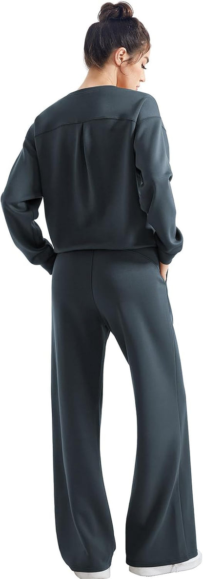 SUUKSESS Women 2 Piece Outfits Fall Oversized Sweatshirt Wide Leg Pants