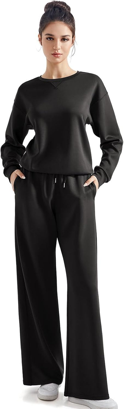 SUUKSESS Women 2 Piece Outfits Fall Oversized Sweatshirt Wide Leg Pants