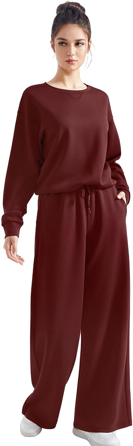 SUUKSESS Women 2 Piece Outfits Fall Oversized Sweatshirt Wide Leg Pants