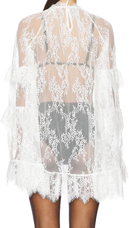 Women See Through Long Sleeve Lace Mini Dress Ruffle Layered Sheer Lace Short Dresses Sexy Going Out Cover Up Dresses