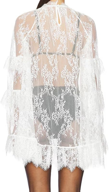 Women See Through Long Sleeve Lace Mini Dress Ruffle Layered Sheer Lace Short Dresses Sexy Going Out Cover Up Dresses