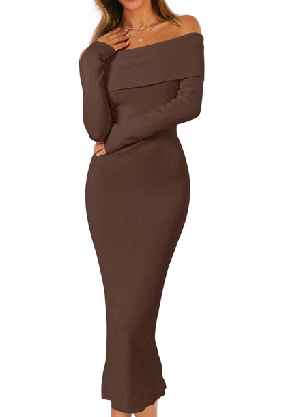 MEROKEETY Women's Fall Off Shoulder Long Sleeve Bodycon Midi Sweater Dress