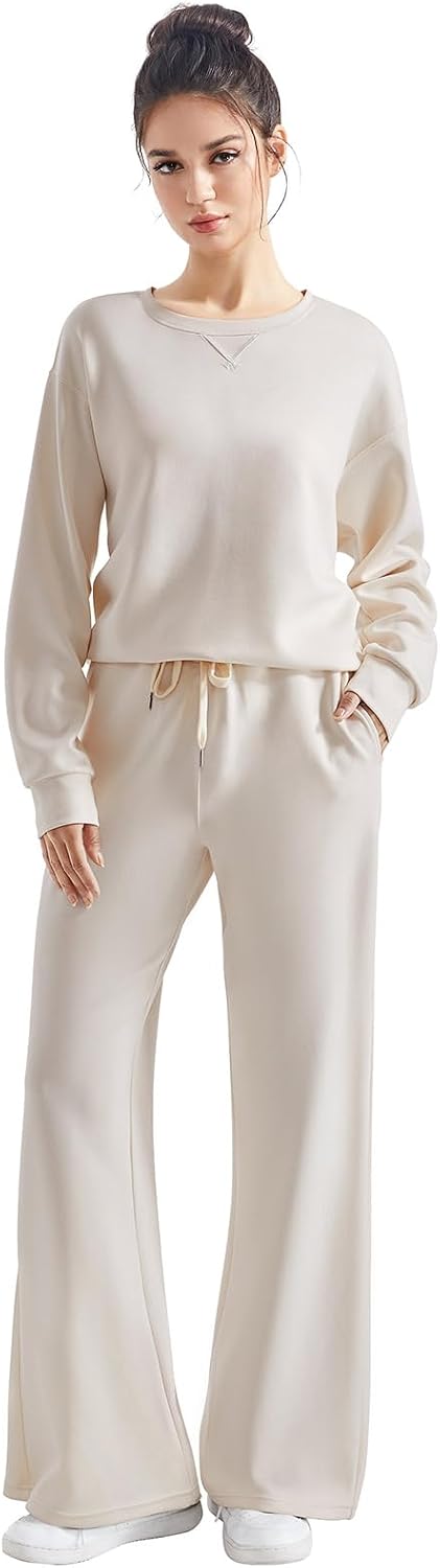 SUUKSESS Women 2 Piece Outfits Fall Oversized Sweatshirt Wide Leg Pants