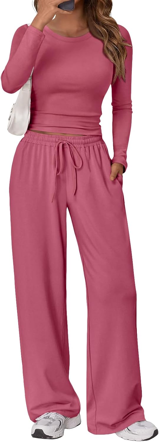 Trendy Queen Women's 2 Piece Matching Lounge Set Long Sleeve Side Ruching Top Wide Leg Drawstring Pants Set with Pockets