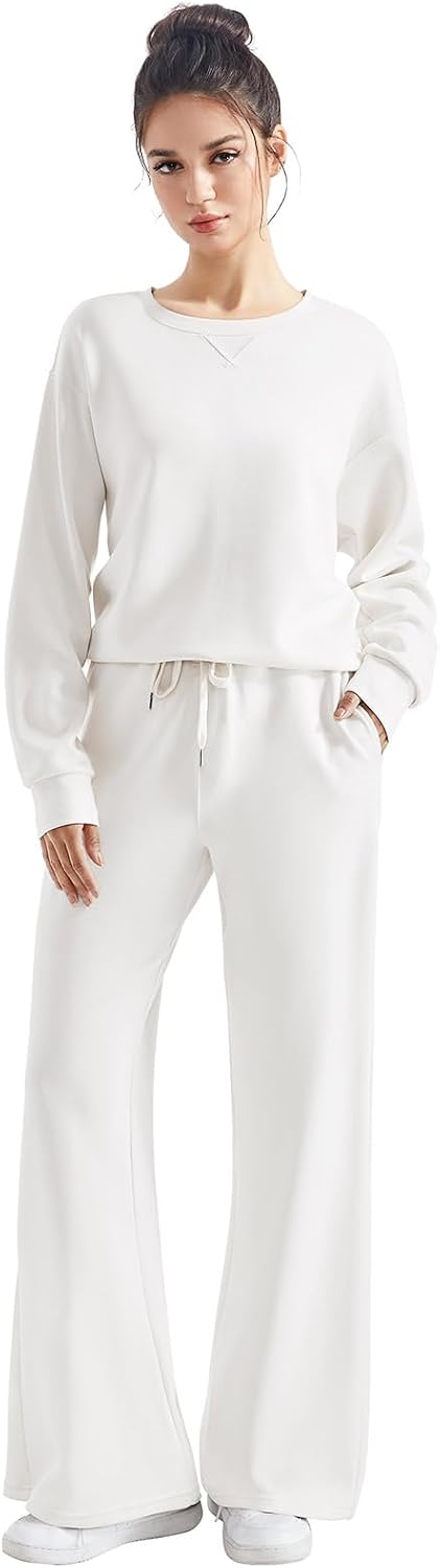 SUUKSESS Women 2 Piece Outfits Fall Oversized Sweatshirt Wide Leg Pants