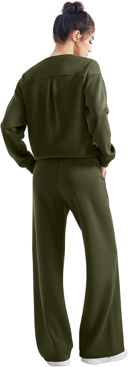SUUKSESS Women 2 Piece Outfits Fall Oversized Sweatshirt Wide Leg Pants