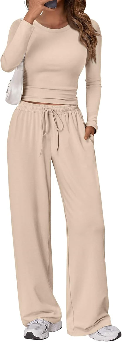 Trendy Queen Women's 2 Piece Matching Lounge Set Long Sleeve Side Ruching Top Wide Leg Drawstring Pants Set with Pockets