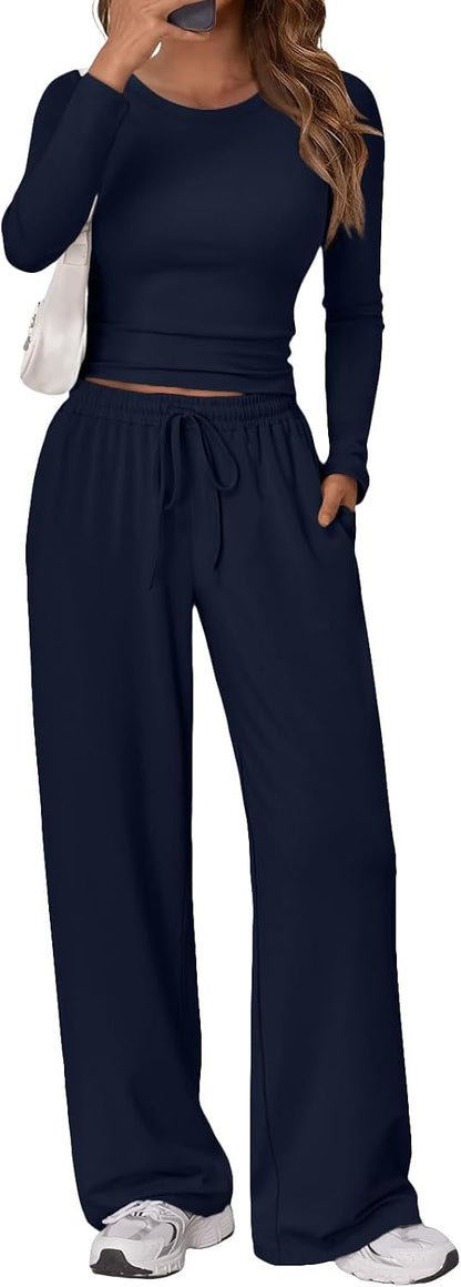 Trendy Queen Women's 2 Piece Matching Lounge Set Long Sleeve Side Ruching Top Wide Leg Drawstring Pants Set with Pockets