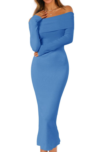 MEROKEETY Women's Fall Off Shoulder Long Sleeve Bodycon Midi Sweater Dress