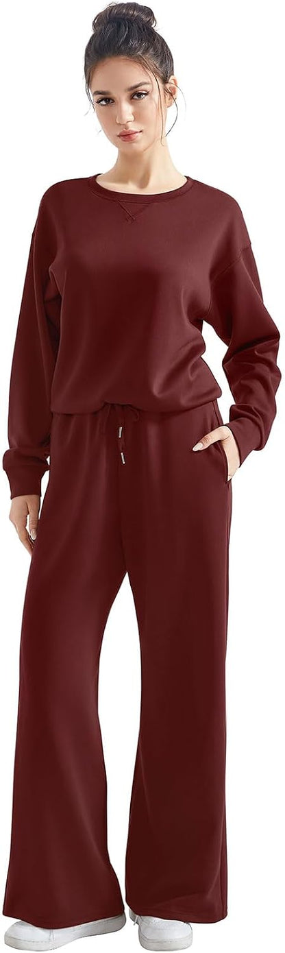 SUUKSESS Women 2 Piece Outfits Fall Oversized Sweatshirt Wide Leg Pants