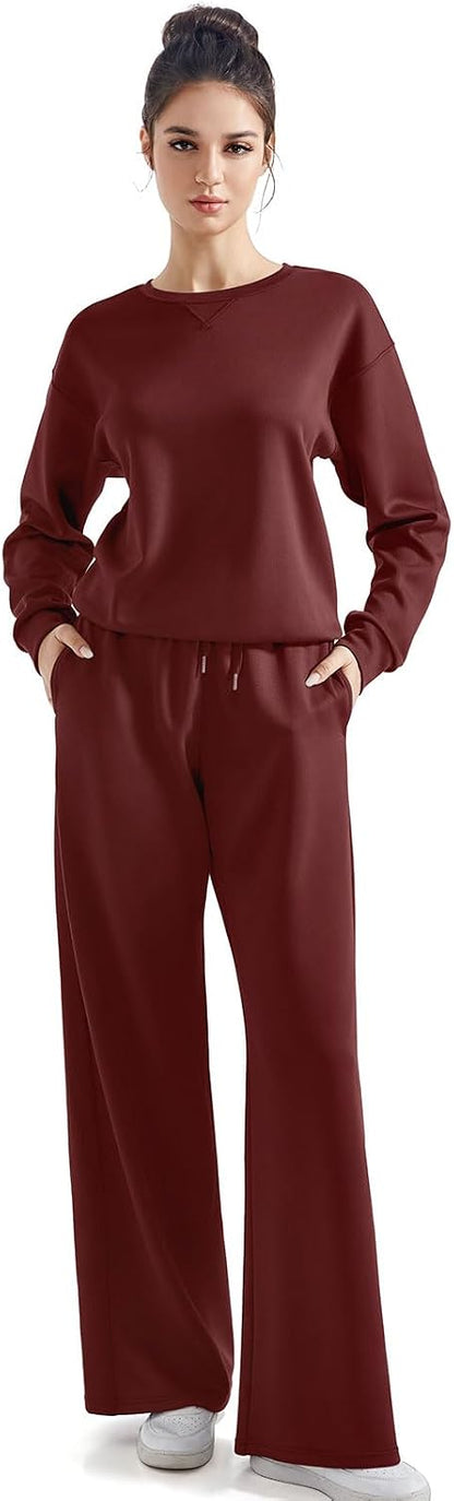 SUUKSESS Women 2 Piece Outfits Fall Oversized Sweatshirt Wide Leg Pants