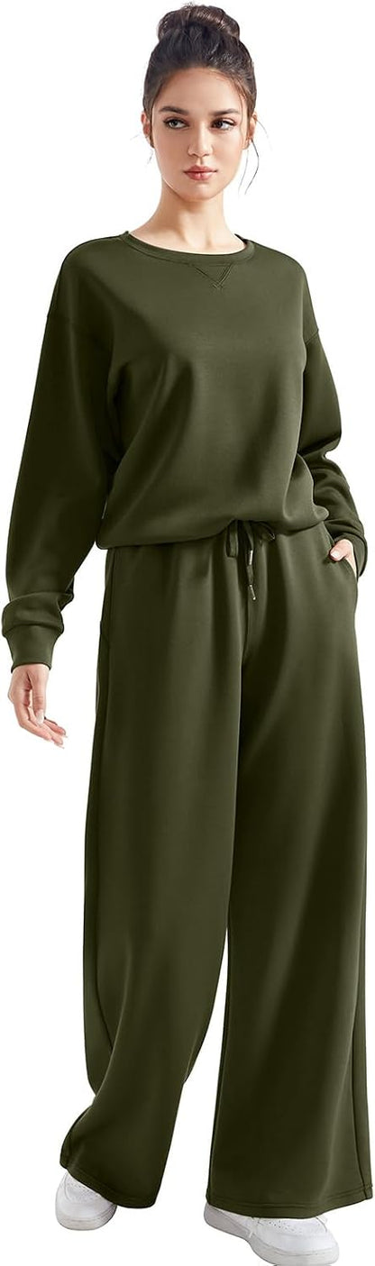SUUKSESS Women 2 Piece Outfits Fall Oversized Sweatshirt Wide Leg Pants