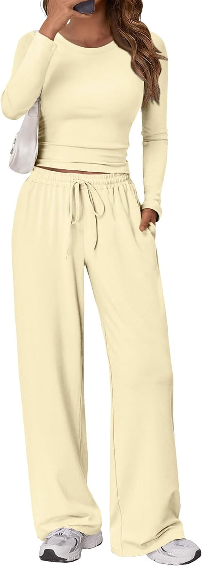 Trendy Queen Women's 2 Piece Matching Lounge Set Long Sleeve Side Ruching Top Wide Leg Drawstring Pants Set with Pockets