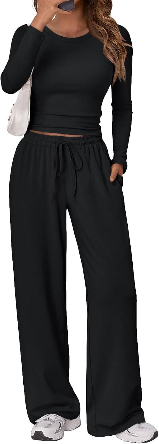 Trendy Queen Women's 2 Piece Matching Lounge Set Long Sleeve Side Ruching Top Wide Leg Drawstring Pants Set with Pockets