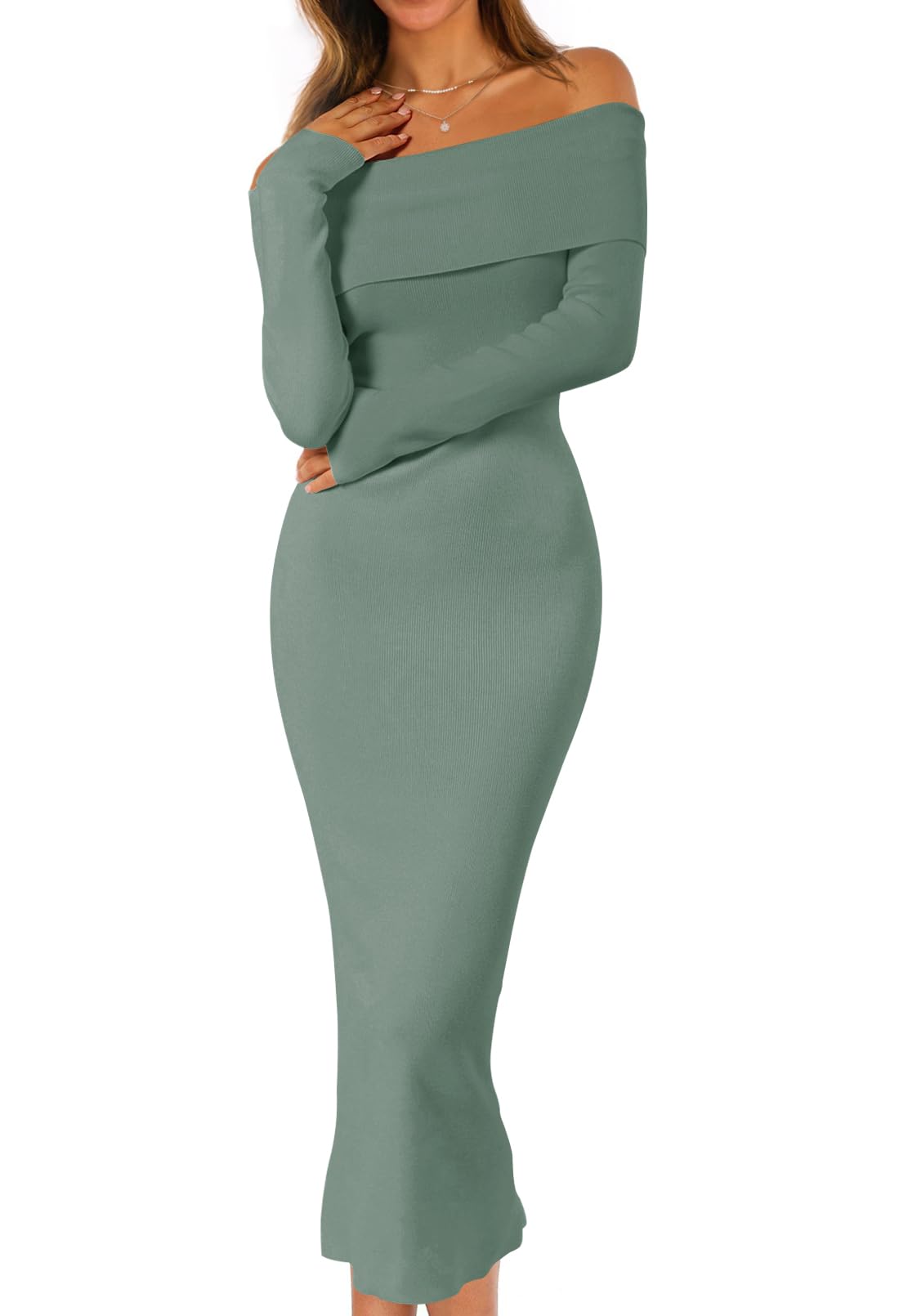 MEROKEETY Women's Fall Off Shoulder Long Sleeve Bodycon Midi Sweater Dress