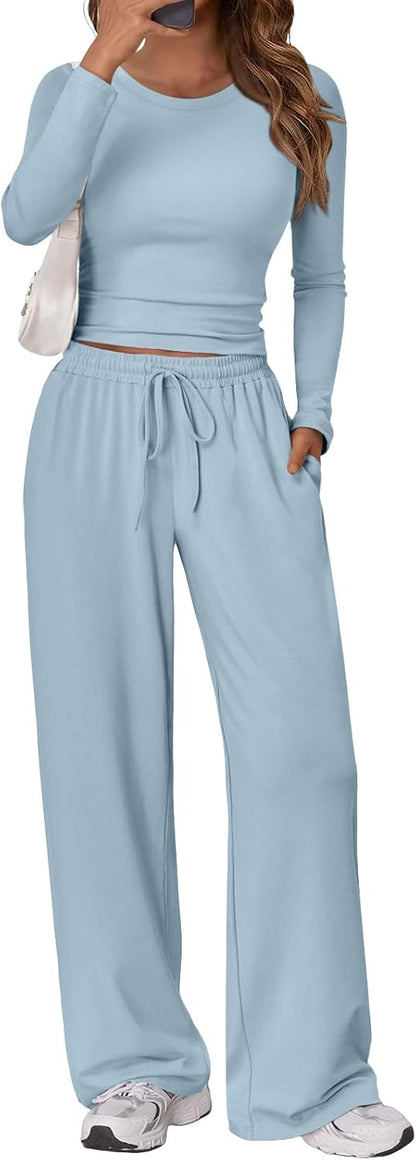 Trendy Queen Women's 2 Piece Matching Lounge Set Long Sleeve Side Ruching Top Wide Leg Drawstring Pants Set with Pockets