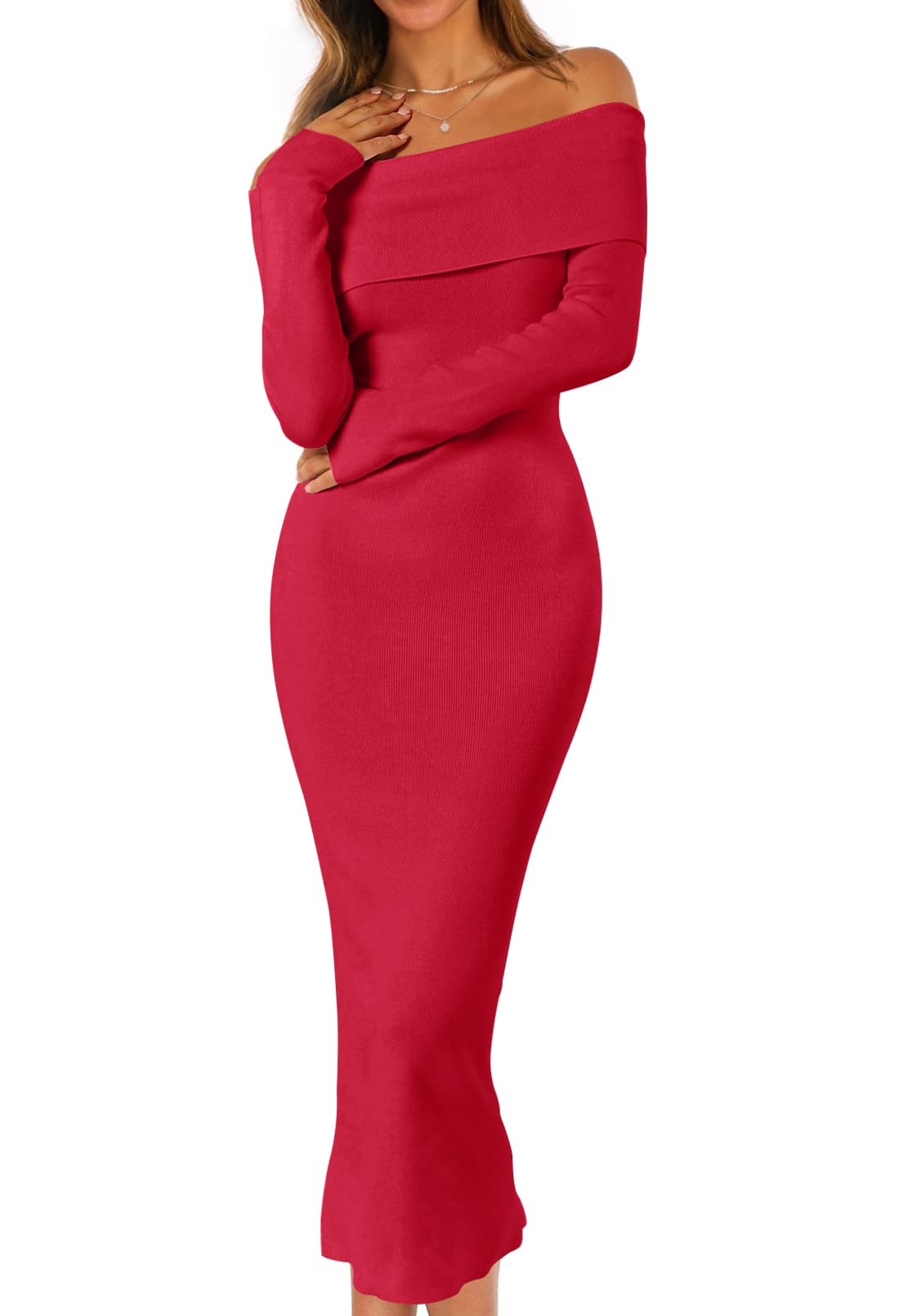 MEROKEETY Women's Fall Off Shoulder Long Sleeve Bodycon Midi Sweater Dress