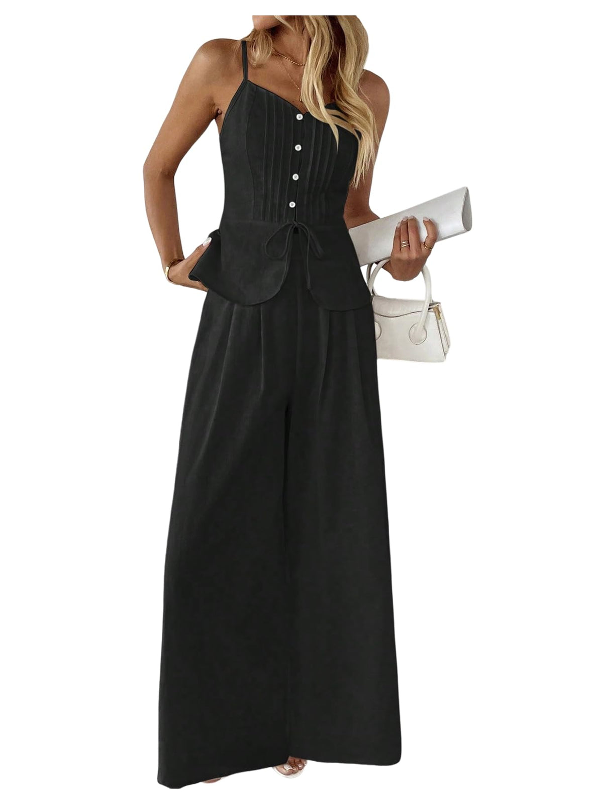 SOLY HUX Women's 2 Piece Outfit Button Down Peplum Cami Wide Leg Pants Set