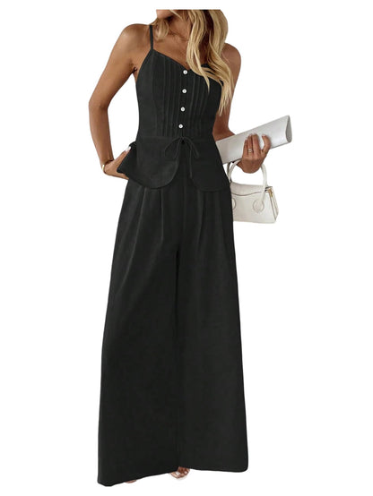 SOLY HUX Women's 2 Piece Outfit Button Down Peplum Cami Wide Leg Pants Set