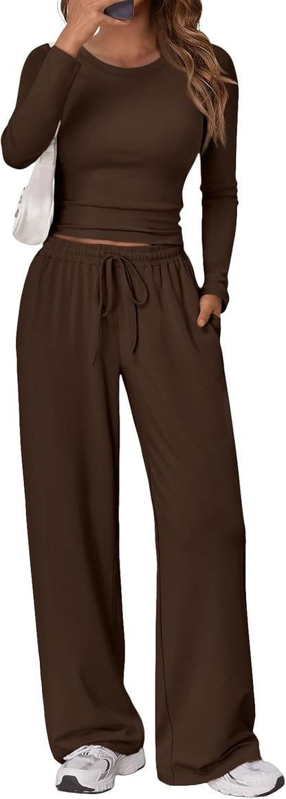 Trendy Queen Women's 2 Piece Matching Lounge Set Long Sleeve Side Ruching Top Wide Leg Drawstring Pants Set with Pockets