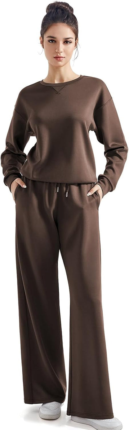 SUUKSESS Women 2 Piece Outfits Fall Oversized Sweatshirt Wide Leg Pants