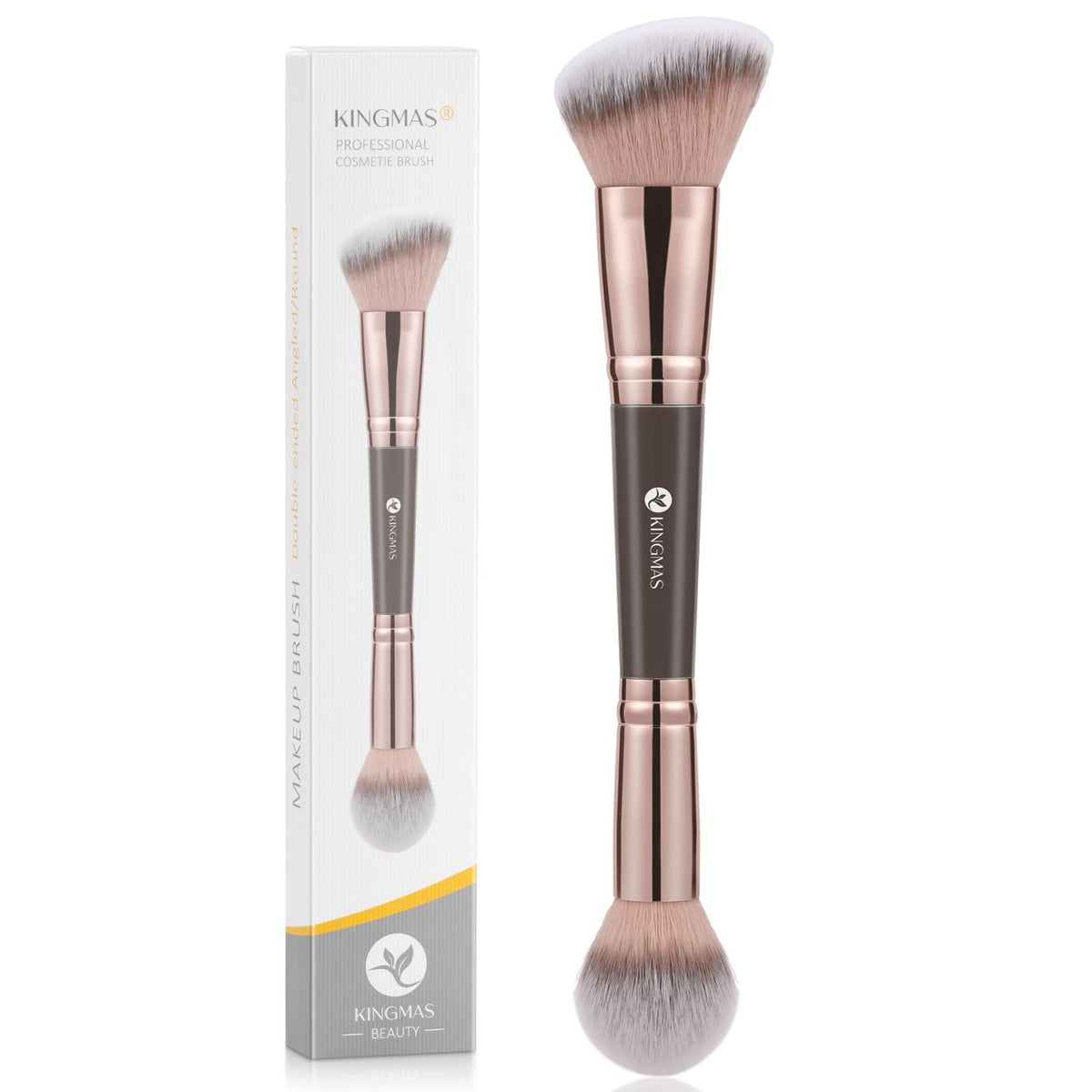 Kingmas Foundation Makeup Brush, Double Ended Bronzer Brush Angled & Round Contour Brushes for Beauty Blending Liquid Powder, Concealer Cream Cosmetics Blush (Brown)
