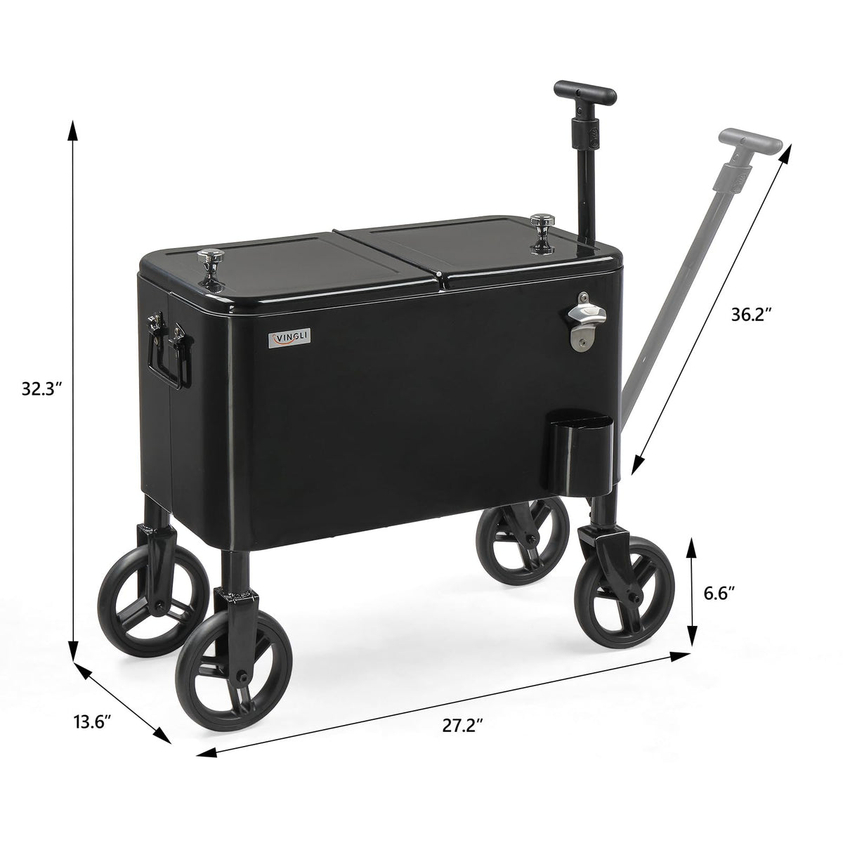 Vingli 80 Quart Wagon Rolling Cooler Ice Chest, W/Long Handle and 10" Wheels