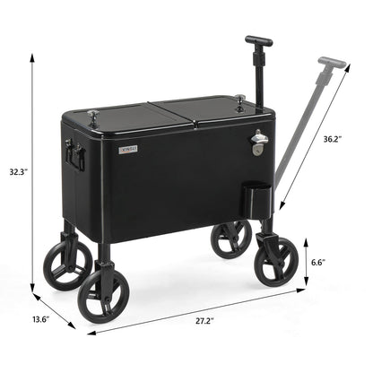 Vingli 80 Quart Wagon Rolling Cooler Ice Chest, W/Long Handle and 10" Wheels